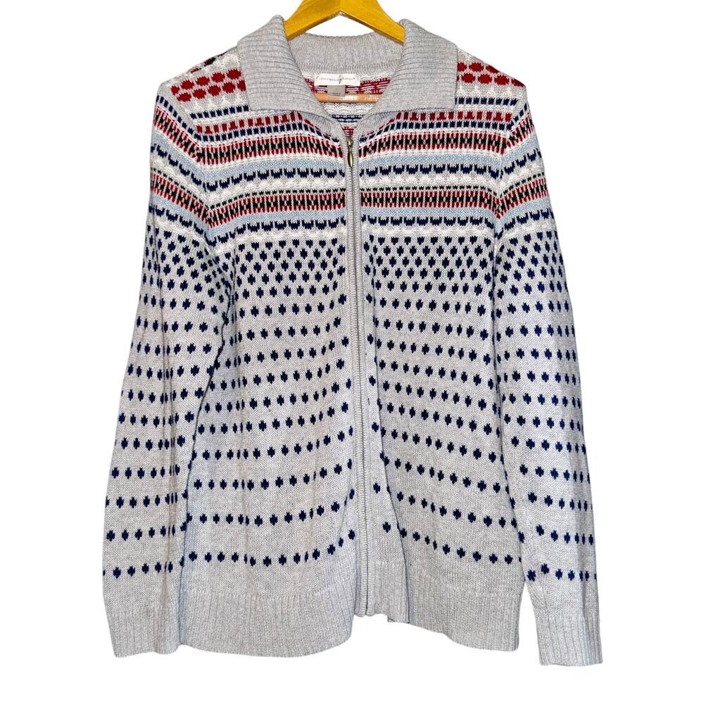 Christopher Banks Full Zip Cardigan Sweater Gray Fair Isle Womens Large Holiday
